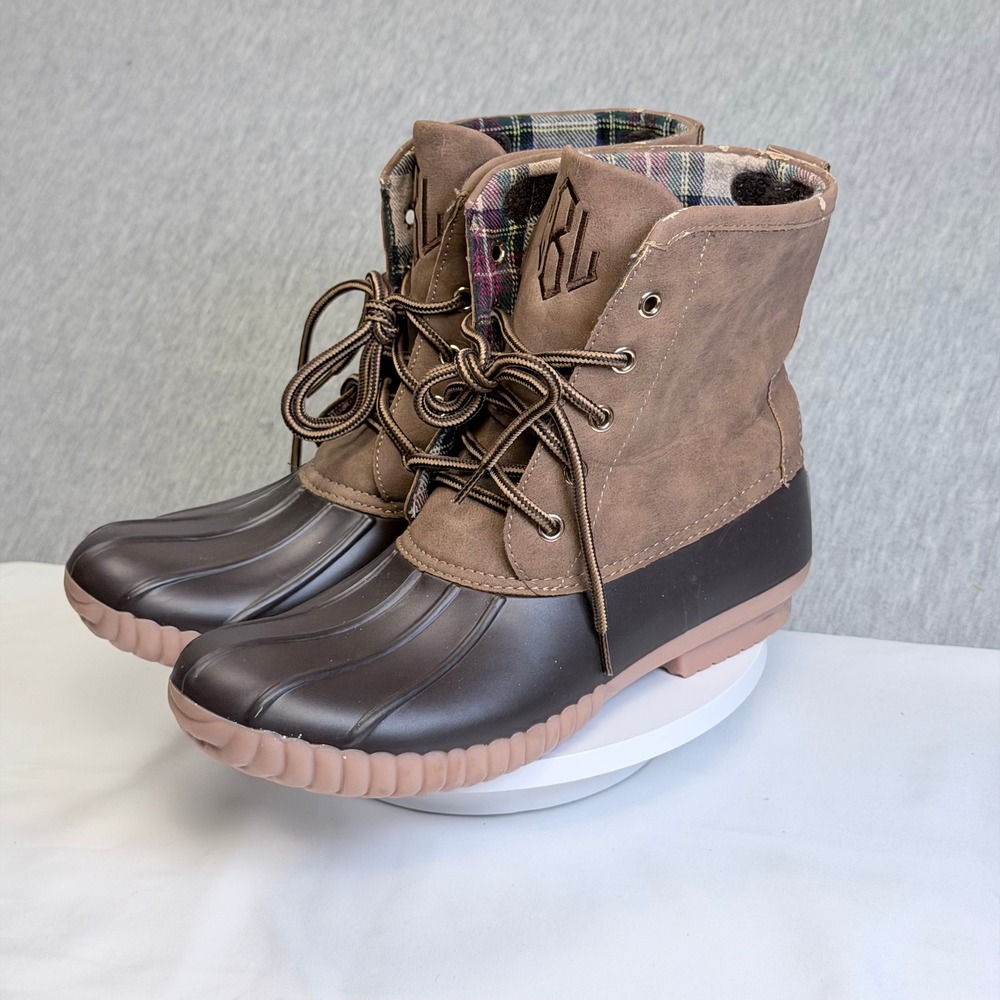 Marleylilly Monogrammed Duck Boots Brown Plaid Lined Size 8 CRL Monogram